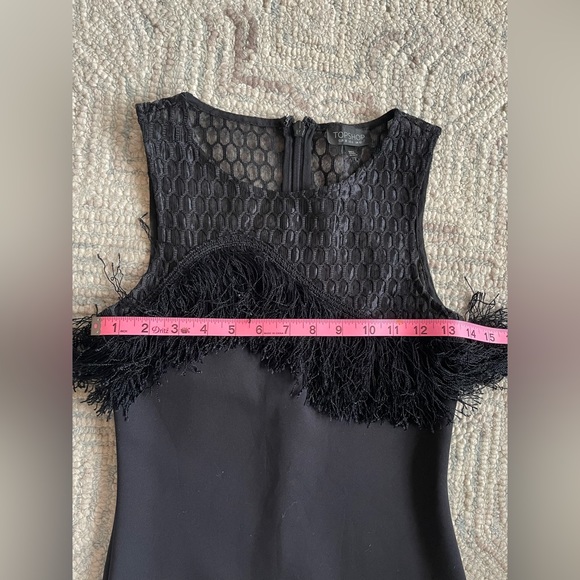 TopShop Mini Black Dress with Mesh Asymmetrical Neckline and Fringe Bodice - Picture 5 of 7
